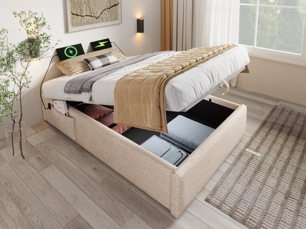 Polstret sovesofa 90×190cm - hørstof - med ladestik og lamelbund - Beige