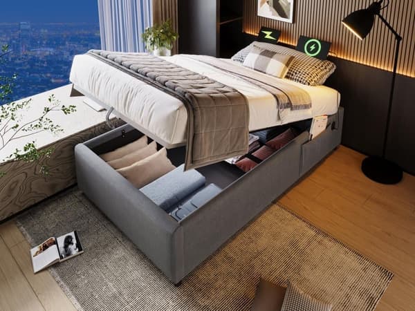 Polstret sovesofa 90×200cm - hørstof - med ladestik og elastisk bund - Grå