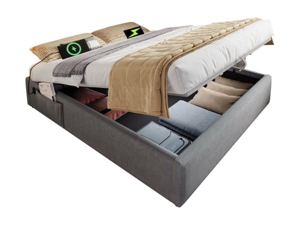 Stoppad bäddsoffa 140×200cm - linnetyg - med laddningsuttag och resårbotten - Grå
