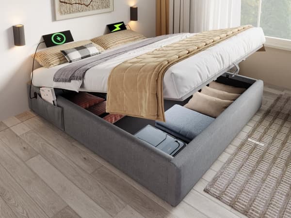 Stoppad bäddsoffa 140×200cm - linnetyg - med laddningsuttag och resårbotten - Grå
