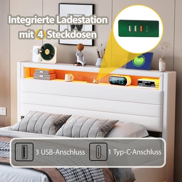 Linnedboks Seng med USB-stik og LED - Beige