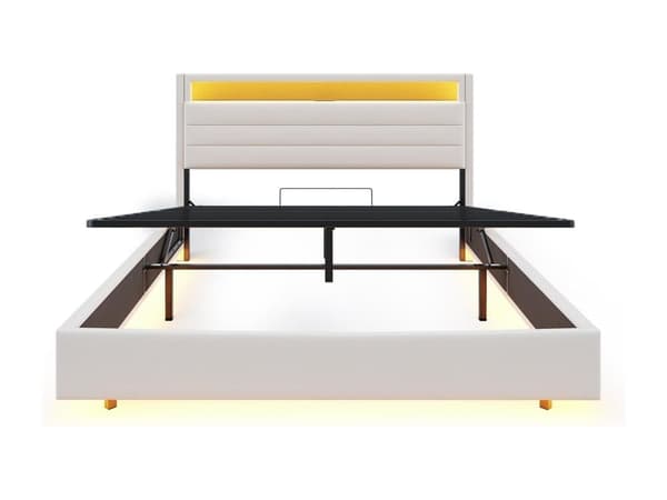 Linnedboks Seng med USB-stik og LED - Beige