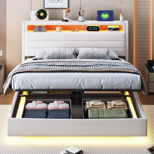Linnedboks Seng med USB-stik og LED - Beige