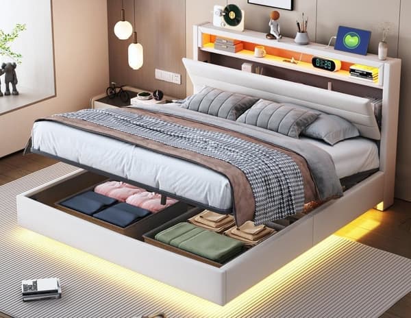 Linnedboks Seng med USB-stik og LED - Beige