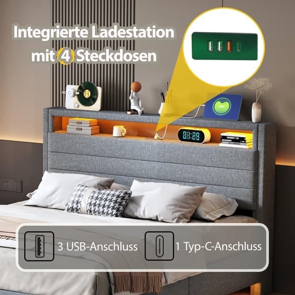Liinavaatteet vuodesohva USB-liitännällä ja LED - harmaa