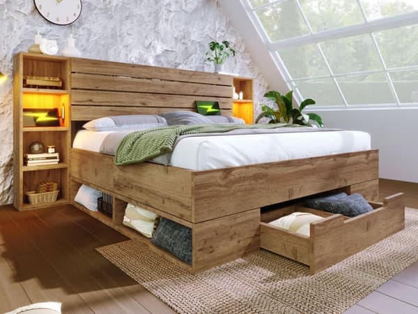 Puinen aikuisten sänky - lukulampulla + latauspistokkeella - jousipohjalla - luonnollinen