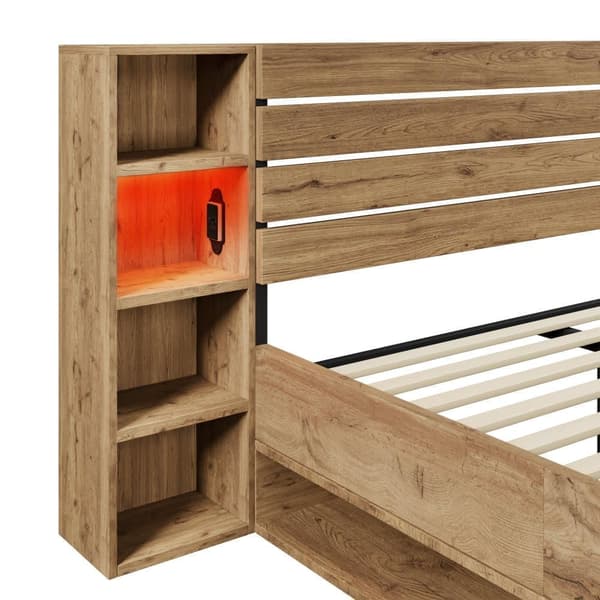 Puinen aikuisten sänky - lukulampulla + latauspistokkeella - jousipohjalla - luonnollinen