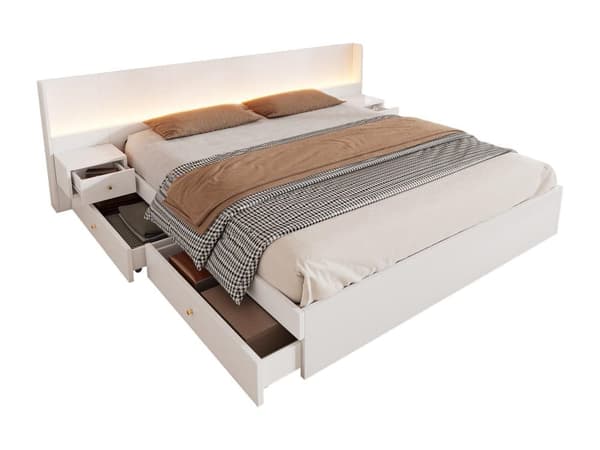Opbevaringsseng i træ til voksne 180x200cm - med USB- og LED-stik - 2 natborde og 2 skuffer - Hvid