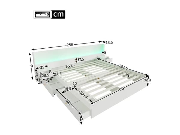 Opbevaringsseng i træ til voksne 180x200cm - med USB- og LED-stik - 2 natborde og 2 skuffer - Hvid