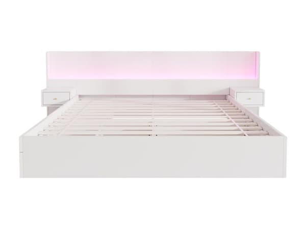 Opbevaringsseng i træ til voksne 180x200cm - med USB- og LED-stik - 2 natborde og 2 skuffer - Hvid