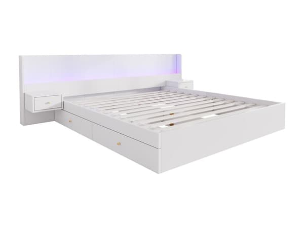 Opbevaringsseng i træ til voksne 180x200cm - med USB- og LED-stik - 2 natborde og 2 skuffer - Hvid