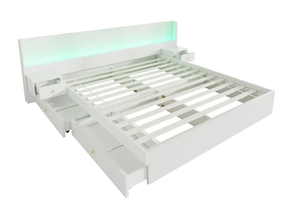 Opbevaringsseng i træ til voksne 180x200cm - med USB- og LED-stik - 2 natborde og 2 skuffer - Hvid