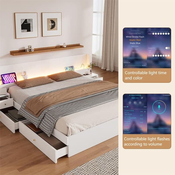 Opbevaringsseng i træ til voksne 180x200cm - med USB- og LED-stik - 2 natborde og 2 skuffer - Hvid