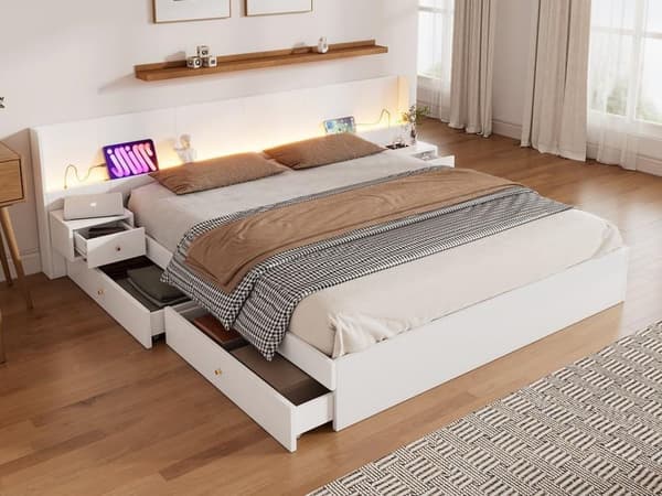 Opbevaringsseng i træ til voksne 180x200cm - med USB- og LED-stik - 2 natborde og 2 skuffer - Hvid