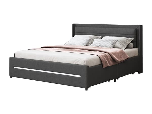 Polstret dobbeltseng 180x200cm i hør - med 4 skuffer og LED-belysning - med elastisk bund - Grå