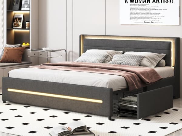 Polstret dobbeltseng 180x200cm i hør - med 4 skuffer og LED-belysning - med elastisk bund - Grå
