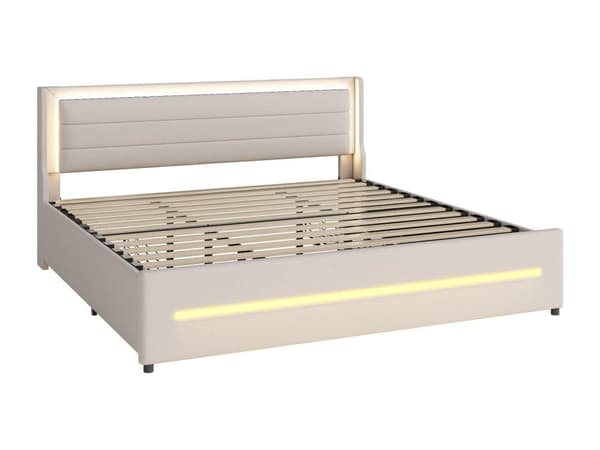 Polstret dobbeltseng 180x200cm i hør - med 4 skuffer og LED-belysning - med fjederbund - Beige