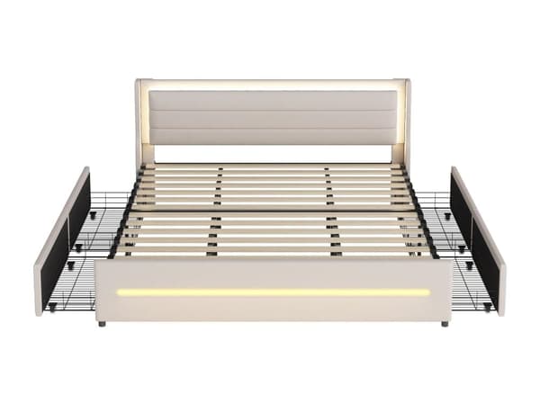 Polstret dobbeltseng 180x200cm i hør - med 4 skuffer og LED-belysning - med fjederbund - Beige