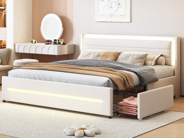 Polstret dobbeltseng 180x200cm i hør - med 4 skuffer og LED-belysning - med fjederbund - Beige