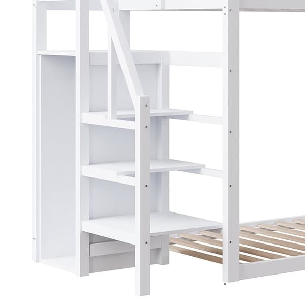 Våningssäng i massivt trä - 90x200 cm - med stegpinnar och garderob - vit