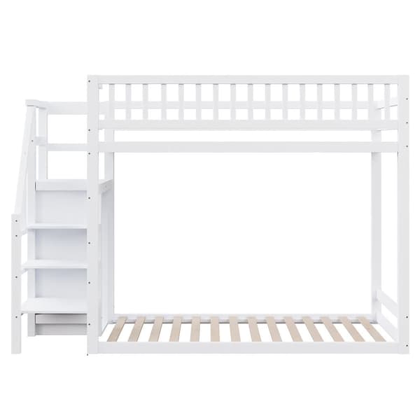Våningssäng i massivt trä - 90x200 cm - med stegpinnar och garderob - vit