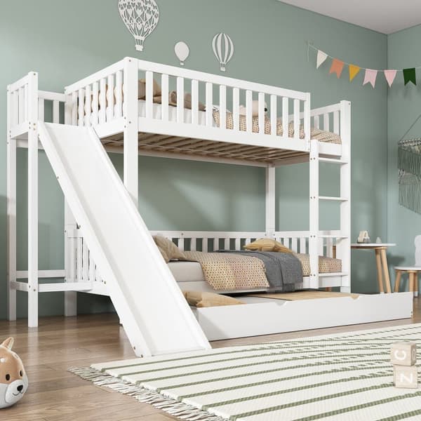 Barnsäng med våningssängar 90x200/190 cm - med Nido-säng - med Tobogán och rak trappa med 4 steg - massivt trä + MDF - vit (utan madrass)