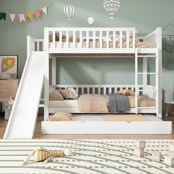 Barnsäng med våningssängar 90x200/190 cm - med Nido-säng - med Tobogán och rak trappa med 4 steg - massivt trä + MDF - vit (utan madrass)