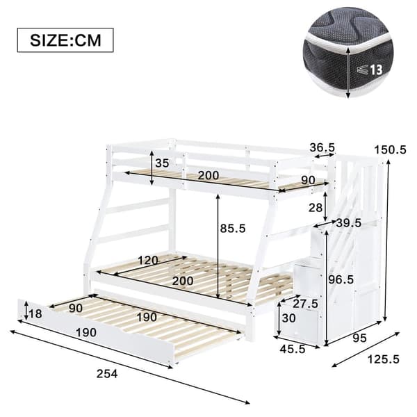Våningssäng 90x200cm + 120x200cm - med utdragbar säng 90x190cm - massivt trä - med förvaringsstege och räcke - vit