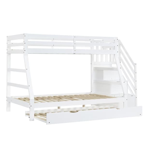 Våningssäng 90x200cm + 120x200cm - med utdragbar säng 90x190cm - massivt trä - med förvaringsstege och räcke - vit