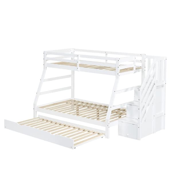 Våningssäng 90x200cm + 120x200cm - med utdragbar säng 90x190cm - massivt trä - med förvaringsstege och räcke - vit