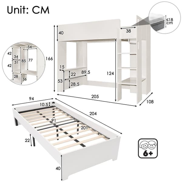 Topmadras 90 x 200 cm - med garderobe + skrivebord - åbne hylder - med trappe - hvid (madras medfølger ikke)