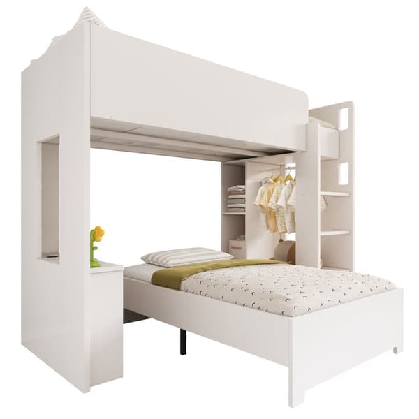 Topmadras 90 x 200 cm - med garderobe + skrivebord - åbne hylder - med trappe - hvid (madras medfølger ikke)