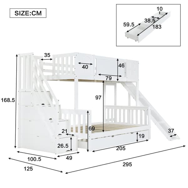Barnsäng med våningssängar 90x200 cm - med barnsele - lådor med hjul - trappa med skenor - massivt trä + MDF - vit (utan madrass)