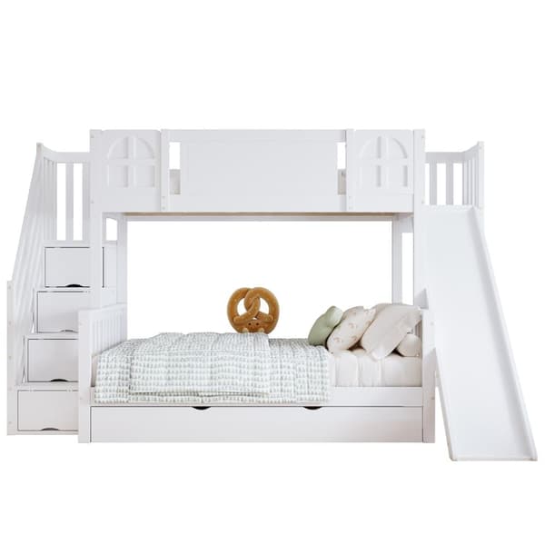 Barnsäng med våningssängar 90x200 cm - med barnsele - lådor med hjul - trappa med skenor - massivt trä + MDF - vit (utan madrass)