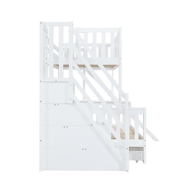 Barnsäng med våningssängar 90x200 cm - med barnsele - lådor med hjul - trappa med skenor - massivt trä + MDF - vit (utan madrass)