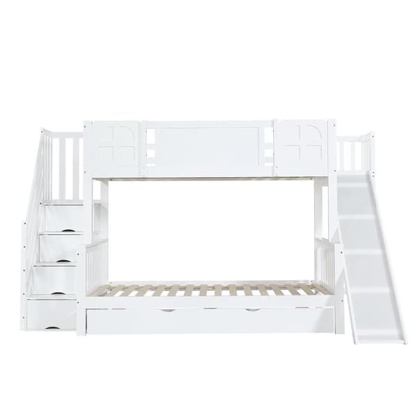Barnsäng med våningssängar 90x200 cm - med barnsele - lådor med hjul - trappa med skenor - massivt trä + MDF - vit (utan madrass)