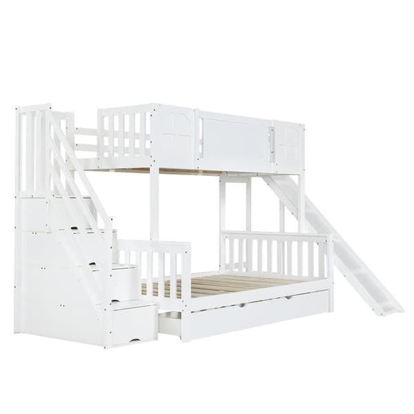 Barnsäng med våningssängar 90x200 cm - med barnsele - lådor med hjul - trappa med skenor - massivt trä + MDF - vit (utan madrass)