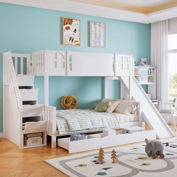 Barnsäng med våningssängar 90x200 cm - med barnsele - lådor med hjul - trappa med skenor - massivt trä + MDF - vit (utan madrass)