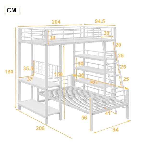 Køjeseng 90x200cm - Med flere opbevaringsrum - Metalstruktur - Med sikkerhedsstige - Med rækværk - Farve: Hvid (uden madras)