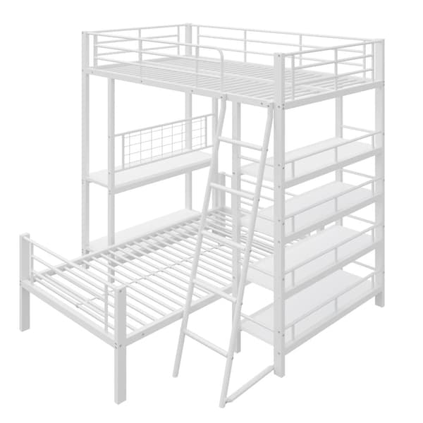 Køjeseng 90x200cm - Med flere opbevaringsrum - Metalstruktur - Med sikkerhedsstige - Med rækværk - Farve: Hvid (uden madras)