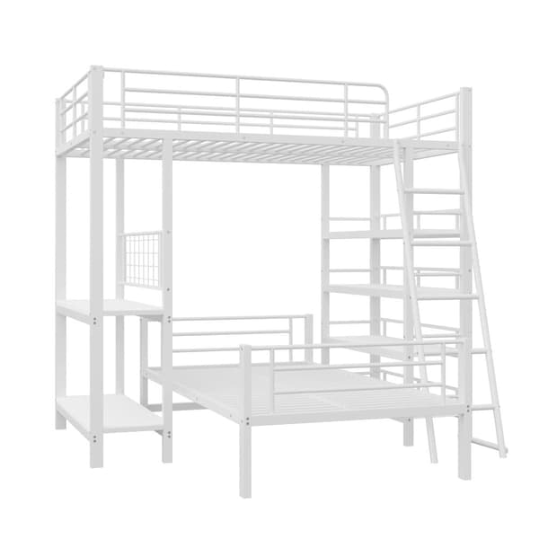 Køjeseng 90x200cm - Med flere opbevaringsrum - Metalstruktur - Med sikkerhedsstige - Med rækværk - Farve: Hvid (uden madras)