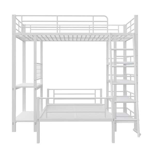 Køjeseng 90x200cm - Med flere opbevaringsrum - Metalstruktur - Med sikkerhedsstige - Med rækværk - Farve: Hvid (uden madras)