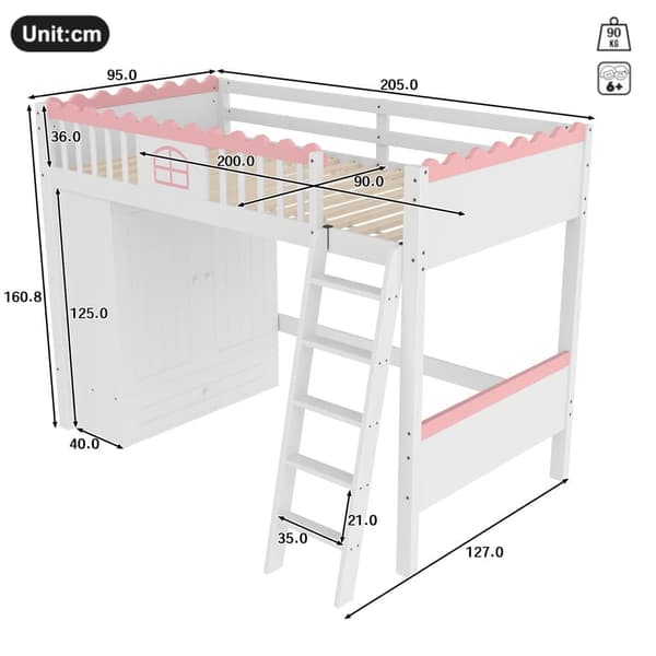 Enkelsäng på loft 90 x 200 cm - Spjälsäng - Med LED-belysning - Med garderob - Med förvaringslåda - Vit (utan madrass)