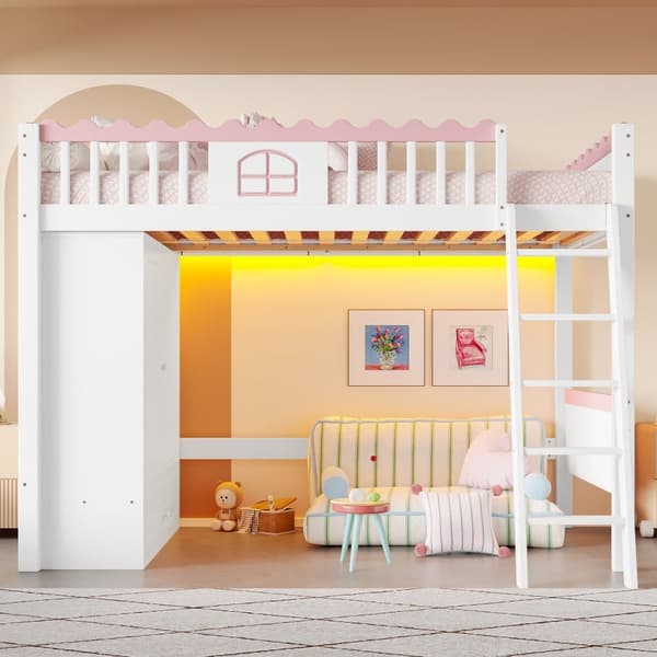 Enkelsäng på loft 90 x 200 cm - Spjälsäng - Med LED-belysning - Med garderob - Med förvaringslåda - Vit (utan madrass)