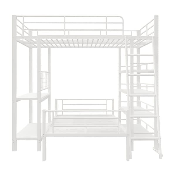 Våningssäng 140x200cm - Med flera förvaringsfack - Metallram - Med säkerhetsstege - Med räcke - Färg: Vit (utan madrass)