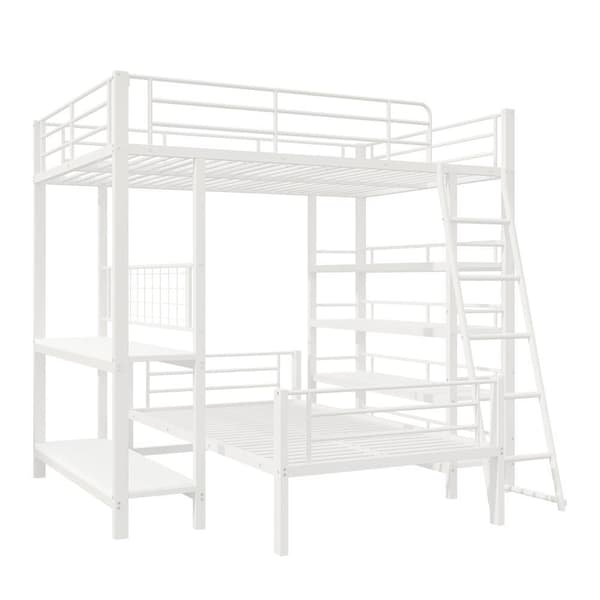 Våningssäng 140x200cm - Med flera förvaringsfack - Metallram - Med säkerhetsstege - Med räcke - Färg: Vit (utan madrass)