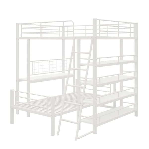 Våningssäng 140x200cm - Med flera förvaringsfack - Metallram - Med säkerhetsstege - Med räcke - Färg: Vit (utan madrass)