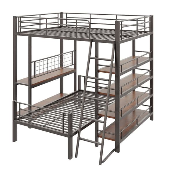 Våningssäng 140x200cm - Med flera förvaringsfack - Metallstruktur - Med säkerhetsstege - Med räcke - Färg: Svart (utan madrass)