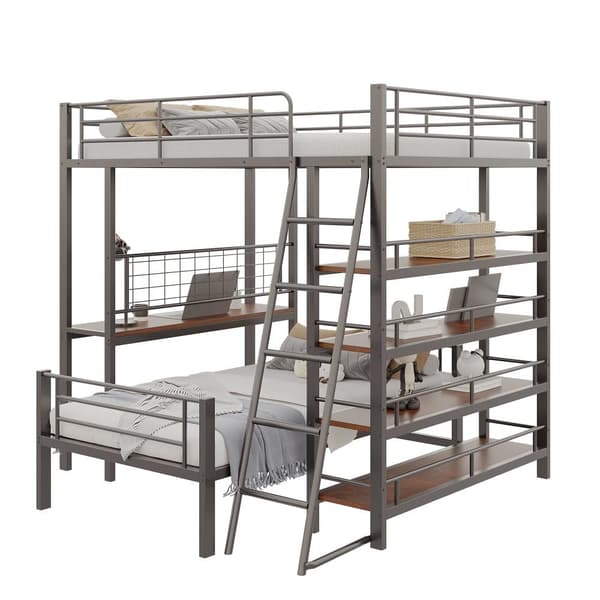 Våningssäng 140x200cm - Med flera förvaringsfack - Metallstruktur - Med säkerhetsstege - Med räcke - Färg: Svart (utan madrass)