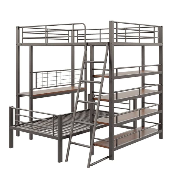 Våningssäng 140x200cm - Med flera förvaringsfack - Metallstruktur - Med säkerhetsstege - Med räcke - Färg: Svart (utan madrass)